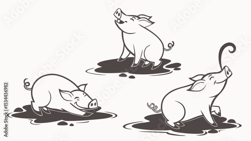 Black and white cartoon illustration drawing of three happy playful pigs rolling and splashing in dark muddy puddles farm animals