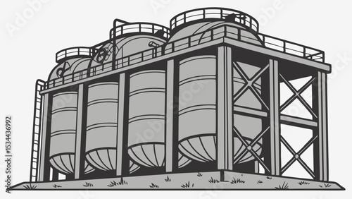 Detailed Black and White Illustration of Three Large Industrial Storage Tanks on a Sturdy Raised Platform Structure