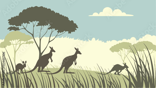 Australian Wildlife Illustration Mob of Kangaroos in Flat Savanna Landscape with Trees and Grass