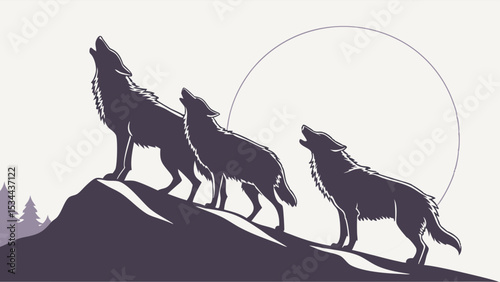 Three Wolves Howling at Full Moon Silhouette Vector Illustration Nature Wildlife Night Landscape Art