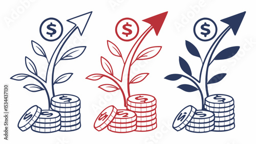 Sketchy financial growth icons money plants growing from coins with dollar signs and upward arrows symbolizing investment and profit increase