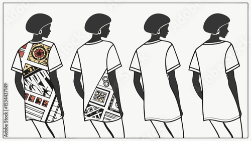 Stylized back view fashion illustrations of women's tunic tops with geometric and abstract patterns and plain white options