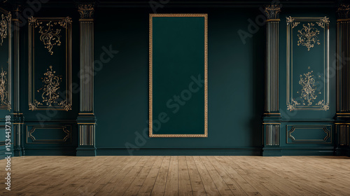 a modern room devoid of furniture with a dark green wall panel in the middle with art-deco-style golden frames and golden walls with pattern ornaments of green-gold 