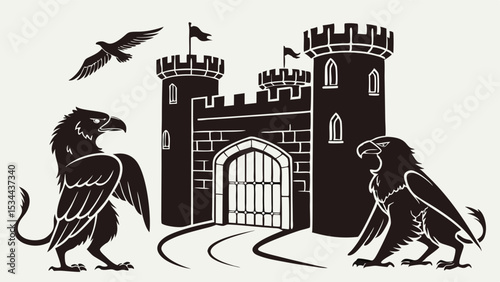 Black and White Heraldic Style Illustration of a Medieval Fantasy Castle Gate Guarded by Two Griffins and a Flying Bird