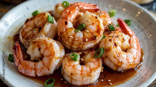 Shrimps with honey-garlic sauce. The shrimps are fried until cooked with a light caramelized crust, garnished with sesame seeds and finely chopped green onions.