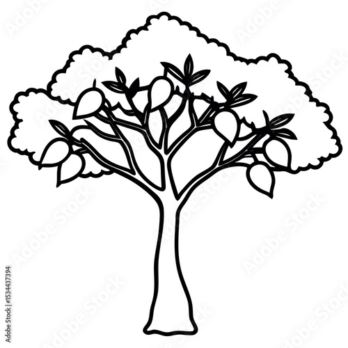 Black and White Sketch Lemon Tree Trunk Dense Canopy