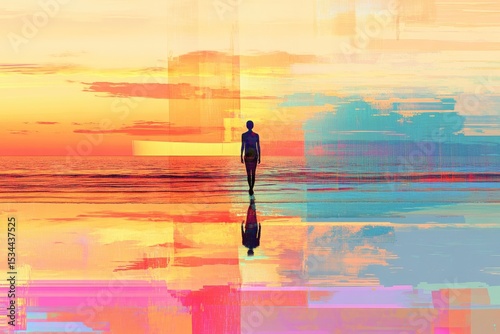 Abstract figure walks along a vibrant beach at sunset
