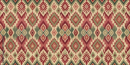 Colorful geometric patterned textile design featuring warm tones and earthy greens.