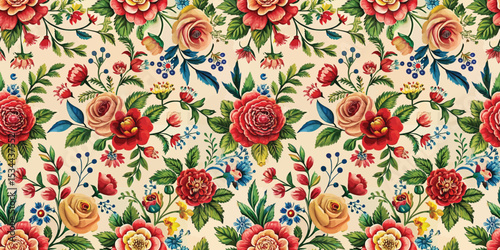 Vibrant floral pattern showcasing roses and wildflowers on a soft beige background.