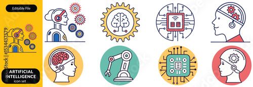Set of Artificial Intelligence icon. Service, Digital, Robot, Data, Information, Learning, Future, Artificial Intelligence, Support, Help, Chat Bot, Conversation, Smart, Concept, Innovation vector.
