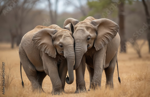 Two cute young elephants hug with trunks in Addo Elephant National Park. Baby animals, big ears show sibling love, family ties in African safari nature.