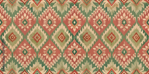 Vibrant red and green floral fabric pattern with intricate diamond shapes.