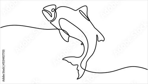 Salmon fish continuous one line drawing illustration. Fresh food concept. Rudd, roach fish, perch, carp, crucian carp continuous line drawing. Single line drawing of a leaping salmon, aquatic elegance