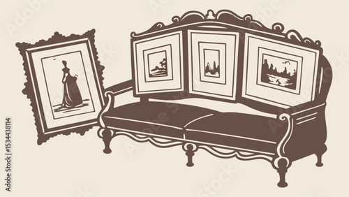 Vintage Illustration of Antique Sofa with Framed Landscape Paintings and Portrait