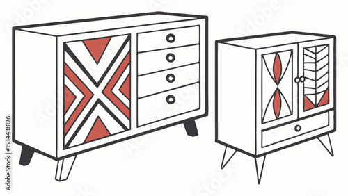 White Mid Century Modern Dresser and Cabinet with Red Geometric Patterns Retro Furniture Illustration Drawing