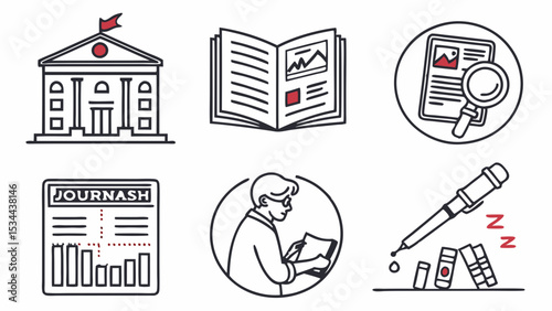 Simple black white line art icons for Education Research Science Journalism University Library Lab Symbols of academic study data analysis knowledge acquisition