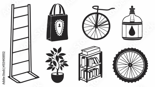 Vector Black And White Graphic Illustrations Set Objects Tote Bag Penny Farthing Plant Bookshelf Wheel Bottle Ladder