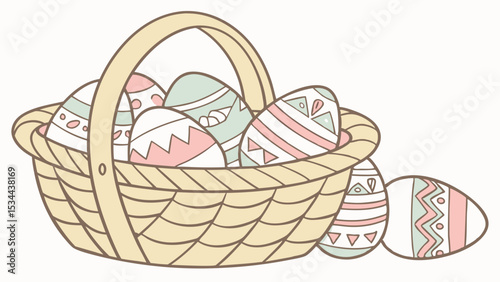 Simple Pastel Cartoon Illustration of Decorated Easter Eggs in a Woven Basket and Beside It