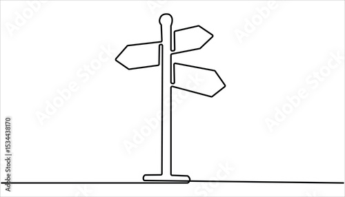 Road direction sign continuous one line drawing illustration. Road sign continuous one line direction sign arrows. Vector Illustration of Continuous Monoline Sign Illustration. Linear Art.