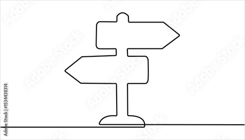 Road direction sign continuous one line drawing illustration. Road sign continuous one line direction sign arrows. Vector Illustration of Continuous Monoline Sign Illustration. Linear Art.