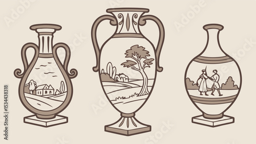 Vintage Sepia Pottery Art Print Three Decorative Vases Landscape and Figure Scenes Illustration