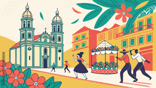 Vibrant Folk Art Illustration: Town Square Festival with Church, Dancing, Music, Flowers
