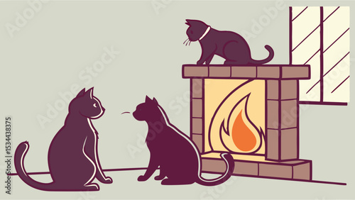 Cozy illustration of three black cats relaxing by a warm fireplace and window