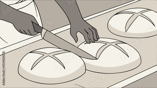 Sepia tone drawing of artisan baker hands scoring round bread loaves with knife for baking