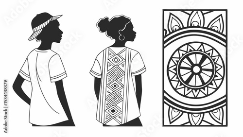 Black White Line Art Silhouettes Tribal Pattern Shirt and Geometric Mandala Design Illustration