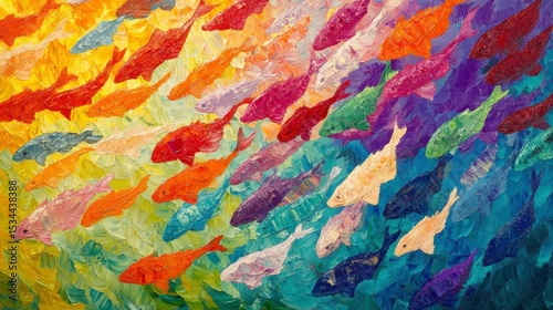 Colorful, vibrant painting of a large school of fish swimming in a rainbow pattern.