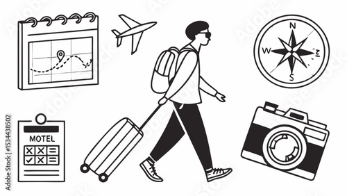 Simple Black White Line Art Illustration of a Traveler with Suitcase Backpack Planning a Journey Vacation Trip and Travel Icons