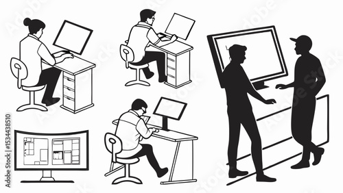 Architects and Designers Working on Computers and Plans Black and White Illustration
