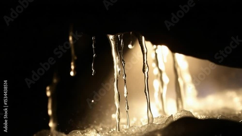 Glistening water strands cascade dark backdrop