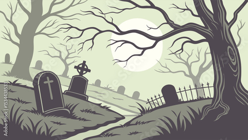 Eerie Vintage Halloween Graveyard Art Moonlit Cemetery with Old Trees and Tombstones