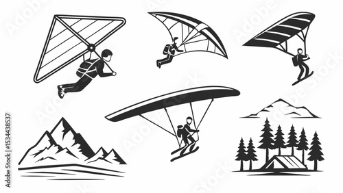 Set of Black and White Illustrations Featuring Hang Gliding, Paragliding, Speed Riding, and Mountains for Outdoor Adventure