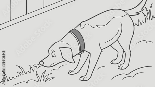 Black and White Line Drawing of a Dog Sniffing the Ground by a Fence and Grass