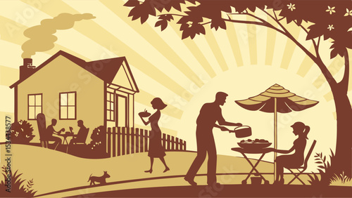 Highly stylized sepia illustration of a family enjoying a backyard picnic barbecue on a sunny day with sunburst
