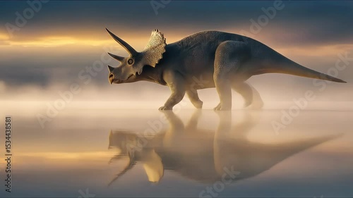 A triceratops bends to drink water its reflection visible in the tranquil lake surface Mist hangs low creating a prehistoric feel for this landscape scene