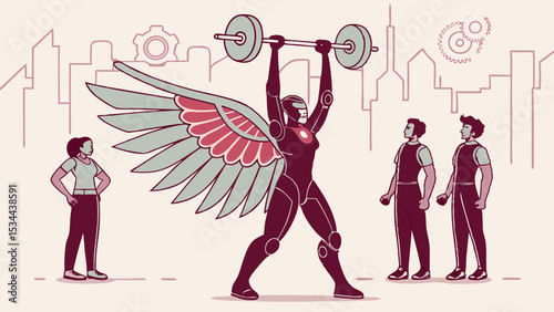 Flat Illustration of Futuristic Winged Suit Lifter with Barbell Watched by Team in Stylized Tech City Scene