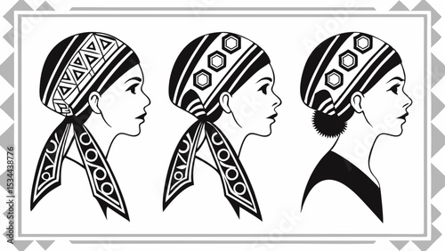 Three Black and White Illustrations of Women Wearing Different Patterned Headscarf Styles Profile View