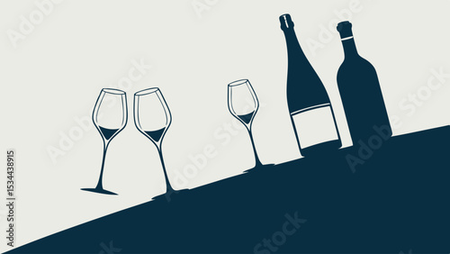 Minimalist Blue Silhouette Wine Bottles and Glasses on a Slanted Surface Vector Illustration