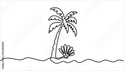 Tropical Beach Scene Palm Trees, Seashells continuous one line drawing illustration. Vector illustration.