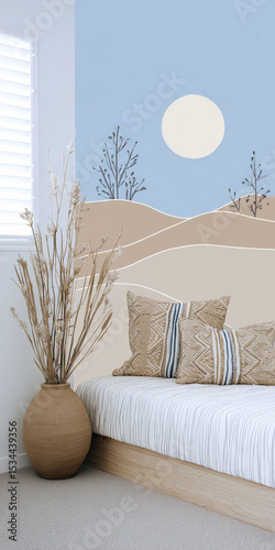 Simple peaceful with light blues and tan 