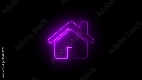 Glowing neon house icon in purple on a dark black background animation