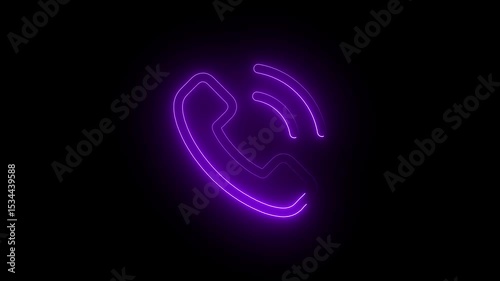 Glowing neon purple phone icon on black background for communication concept