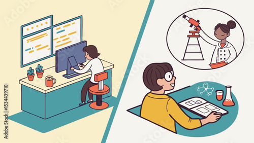 Flat Digital Art Illustration Showing Coding Software Development and Science Education
