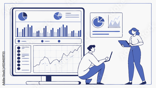 Team analyzing business data on an analytics dashboard with charts and graphs blue line art illustration