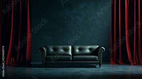  A genuine leather sofa belonging to a gambling tycoon's boss, placed in the front with a central composition. In front of us are red curtains that open to both sides. 
