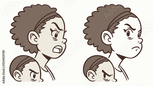 Sepia Tone Comic Illustration of Angry Woman and Child Showing Two Angry Expressions Shouting and Pouting