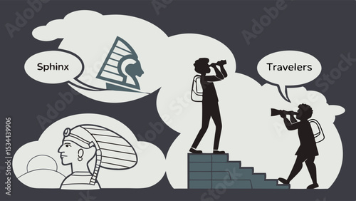 Travelers Silhouettes Viewing Ancient Egypt Sphinx Pharaoh Pyramids Illustration Art